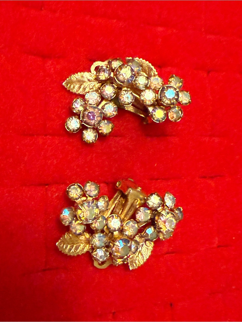 Weiss Vintage  Gold-Tone Aurora Borealis Floral Clip Earrings